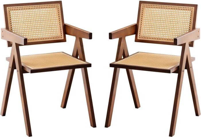 Furlide Rattan Accent Chairs, Modern Mid Century Dining Chairs Set of 2, Comfy Armchairs, Outdoor Rattan Chairs with Armrest for Bedroom Living Room Reading Room Dining Kitchen, Brown