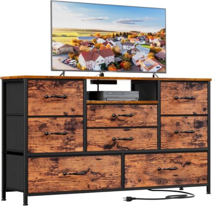 Furnulem 55'' TV Stand Dresser with 8 Drawers, Wood Desk Top - for Bedroom, Closet, Living Room Storage