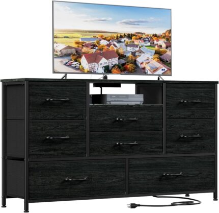 Furnulem Dresser TV Stand with Power Outlet for 55'' Long TV, Entertainment Center with 8 Deep Drawers,Wide Chest of Drawer for Storage in Bedroom,Closet,Living Room,Hallway(Black Oak)