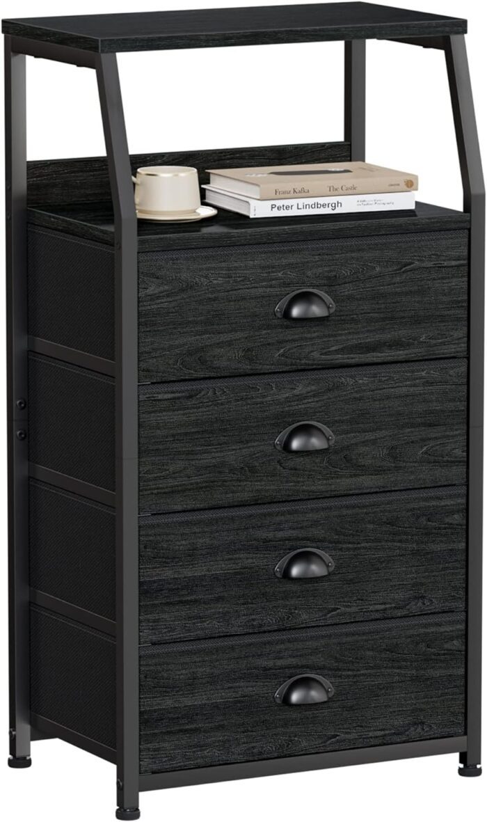 Furnulem Tall 4 Drawers Dresser, Vertical Storage Tower Black Dresser for Bedroom, Hallway, Entryway, Nursery, Closet Organizer, Nightstand Bedside Table Furniture, Sturdy Steel Frame, Wood Top