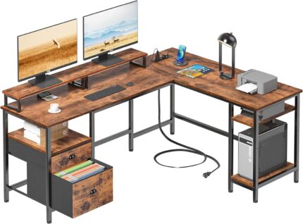 Furologee 66” L Shaped Desk with Power Outlet, Reversible Computer Desk with File Drawer & 2 Monitor Stands, Home Office Desk with Storage Shelves, Corner Desk for Gaming Writing, Rustic Brown