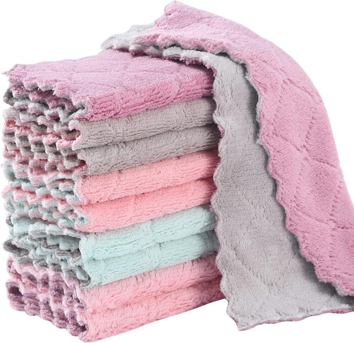 GADIEDIE 10Pack Kitchen Cloth Dish Towels,Super Absorbent Coral Velvet Dishtowels,Nonstick Oil Washable Fast Drying,Double-Sided Dish Towel,Used for Table Dish Glass Pet Paw（5Colors）