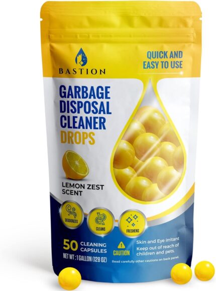 Garbage Disposal Cleaner and Deodorizer Drops- [[50-Count]] Lemon Zest Scented Kitchen Sink Freshener Pods & Drain Odor Eliminator Disposer Care Balls by Bastion