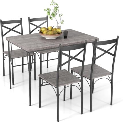 Giantex 5-Piece Dining Table Set, Modern Rectangular Dining Table & 4 Dining Chairs Set with Metal Frame, Kitchen Dining Room Furniture Set, Space-Saving Dinette Set for Breakfast Nook (Black Oak)