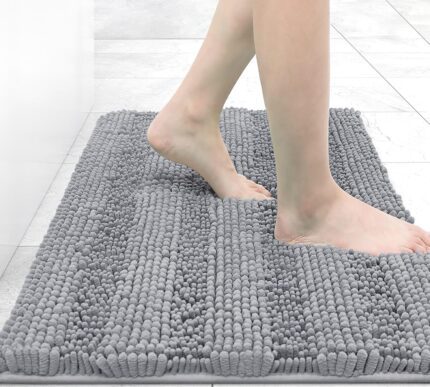 Grandaily Chenille Striped Bathroom Rugs 24x16, Extra Thick and Absorbent Bath Rugs, Non-Slip Soft Plush Shaggy Bath Carpet, Machine Wash Dry, Bath Mats for Bathroom, Grey