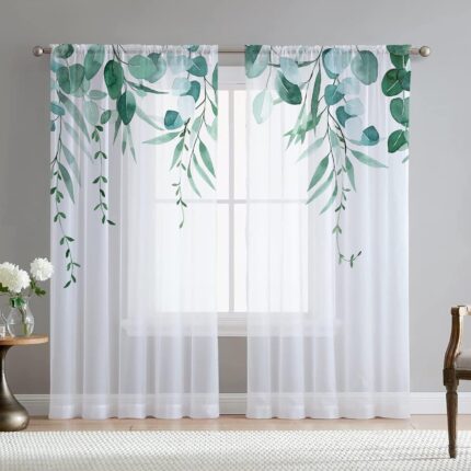 Green Eucalyptus Leaves Curtains for Living Room 84 inch Length 2 Panels Set Elegant Willow Leaf Plant Spring Printed Window Curtain Natural Sheer Chiffon Drapes for Bedroom Living Room