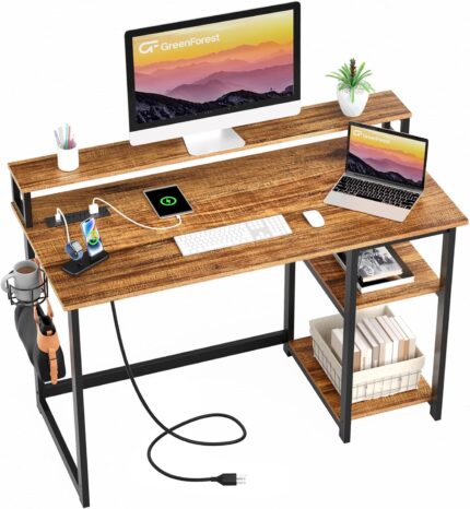 GreenForest Computer Desk with USB Charging Port and Power Outlet, Reversible Home Office Desk with Monitor Stand and Storage Shelves, 40 inch Work Desk with Cup Holder and Hook, Walnut