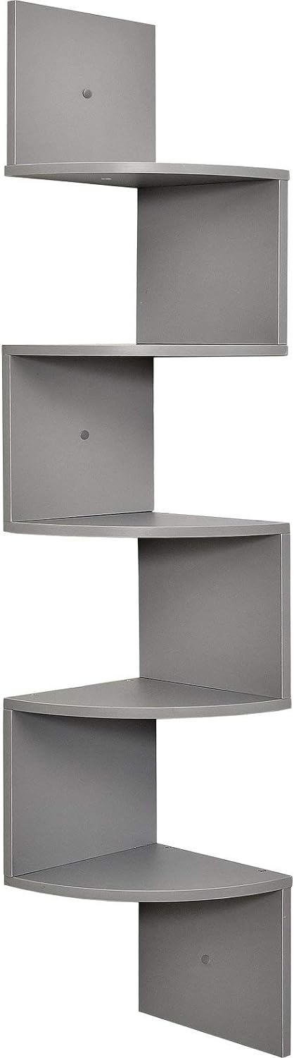 Greenco Corner Wall Shelf, 5 Tier Floating Shelves for Bedrooms and Living Rooms, Boys Room Decor, Teen Decor, Gray Finish