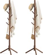 Haddockway Wooden Coat Rack Stand with 8 Hooks New Zealand Pine Adjustable Coat Standing Tree Easy Assembly for Coats, Hats, Scarves and Handbags for Entryway, Hallway, Bedroom, Office,2 PCS