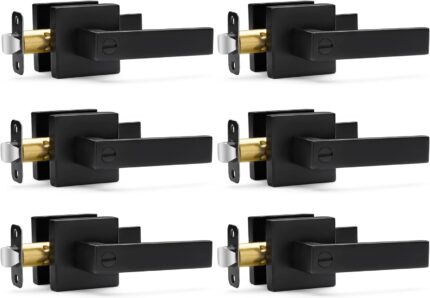 Hasmikit 6 Pack Matte Black Door Handles Privacy Door Levers, Heavy Duty Bed and Bath Door Locks Interior Door Knobs, Reversible Keyless Flat Levers with Square Rosette