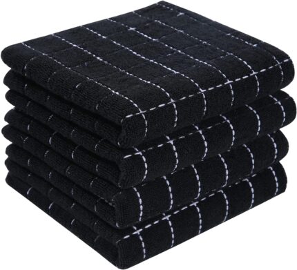 Homaxy 100% Cotton Terry Kitchen Towels(Black, 13 x 28 inches), Checkered Designed, Soft and Super Absorbent Dish Towels, 4 Pack