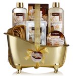 Home Spa Gift Basket, Luxury 13 Piece Bath & Body Set For Men & Women, White Rose & Jasmine Scent - Shower Gel, Bubble Bath, Body Scrub, Salts, 6 Bath Bombs, Pouf, Cosmetic Bag & Gold Tub