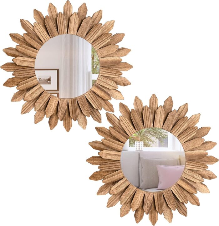 Honiway Boho Wall Decor Mirror 2 Pack Rustic Wood Mirror 12 inch Boho Mirror Home Decor Farmhouse Room Decorations for Bedroom Living Room Carbonized Black