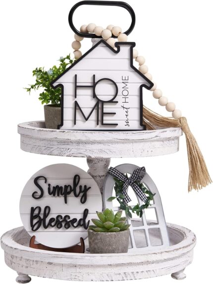 Houmury Set of 8 Farmhouse Tiered Tray Decor with 1 Artificial Succulent Plant & 1 Artificial Plant for Rustic Home Sweet Home Kitchen Decor Tier Tray Decor Set