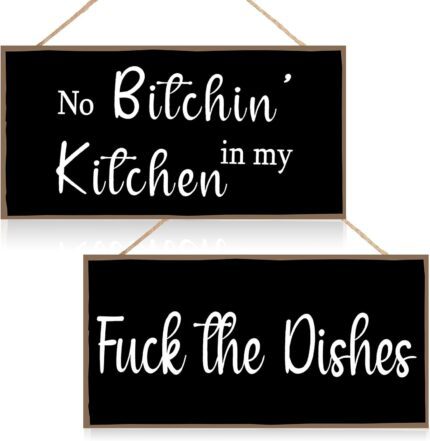 Jetec 2 Pieces Funny Kitchen Signs the Dishes Hanging Wall Art Sign No Bitchin in My Kitchen Rustic Wooden Wall Signs Decorative Wood Sign Home Kitchen Decor, 10 x 5 Inch (Stylish)