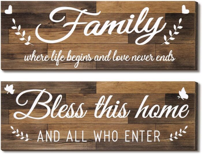 Jetec Wooden Family Signs Rustic Bless This Home Wall Decor Wood Family Decor Wall Art Farmhouse Entryway Sign Home Decoration for Bedroom Living Room Office Home Decor, 13.8 x 4.7 Inch (Brown)