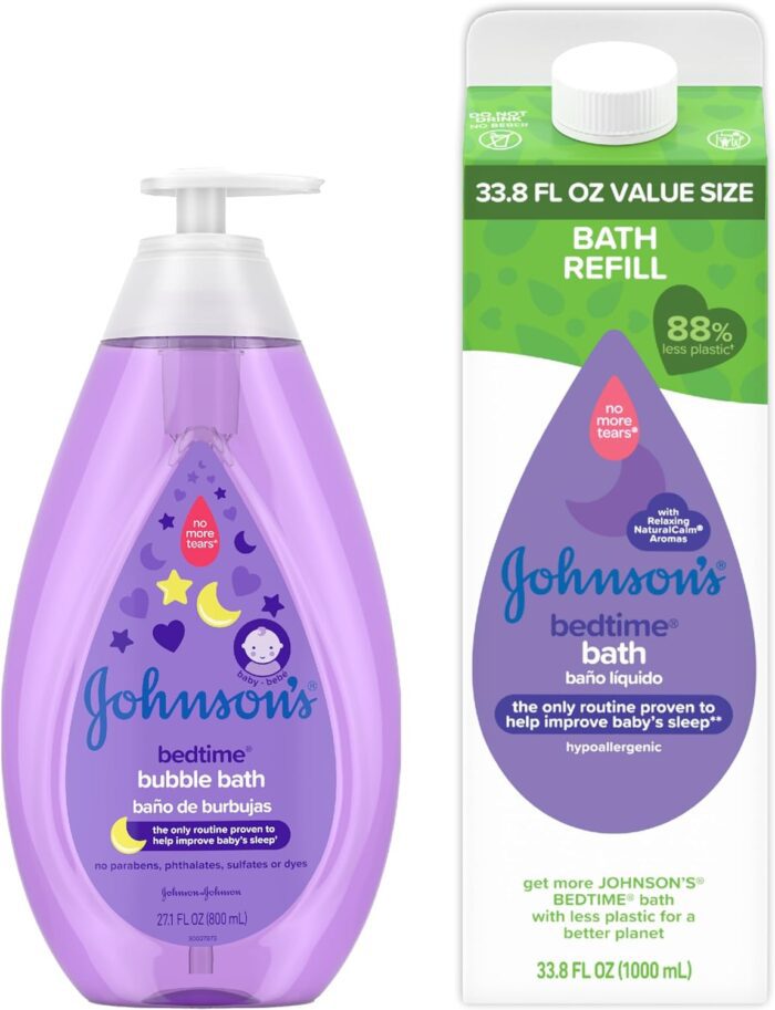 Johnson's Baby Soothing Bedtime Bath Starter Kit, Nighttime Lavendar Baby Bath, 27.01 fl Oz, and Bedtime Bath Value Size Refill Pack 33.8 fl. Oz