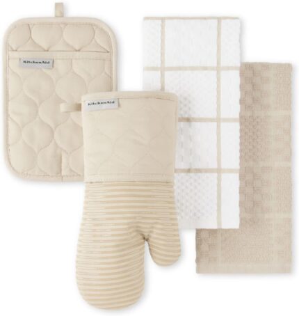 KITCHENAID Quilted Cotton Terry Cloth Oven Mitt, Pot Holder, Kitchen Towel 4-Pack Set, Heat Resistant, Silicone Grip, Gift Set, Milkshake, 16"x26", 7"x13" & 7"x10"