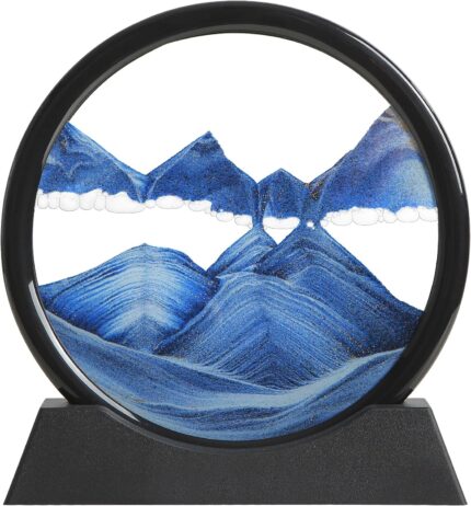 KPNUWN Moving Sand Art Liquid Motion, 3D Deep Sea Sandscape Color Quicksand Decor, Round Glass Moving Sand Art Picture Relaxing Desktop Home Office Work Decor (7 inch-Blue)