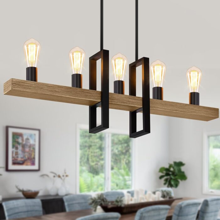 Kitchen Island Lighting 60 inch, 5-Light Dining Room Light Fixture, Adjustable Farmhouse Linear Chandelier Over Table, Pool Table Lights, Pendant Light, Black & Wood Finish Ceiling Hanging Lights