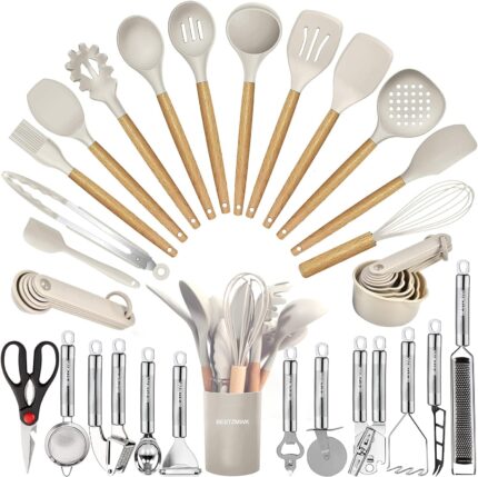 Kitchen Utensils Set- 35 PCs Cooking Utensils with Grater,Tongs, Spoon Spatula &Turner Made of Heat Resistant Food Grade Silicone and Wooden Handles Kitchen Gadgets Tools Set for Nonstick Cookware