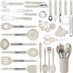 Kitchen Utensils Set-Silicone Cooking Utensils-32pcs Non-Stick Silicone Cooking Kitchen Utensils Spatula Set with Holder-Best Kitchen Cookware with Stainless Steel Handle (Khaki)