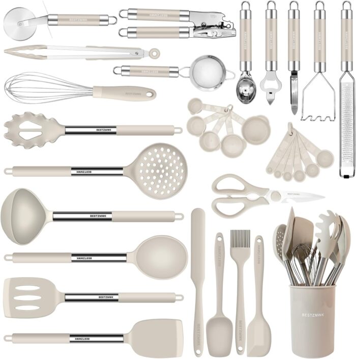 Kitchen Utensils Set-Silicone Cooking Utensils-32pcs Non-Stick Silicone Cooking Kitchen Utensils Spatula Set with Holder-Best Kitchen Cookware with Stainless Steel Handle (Khaki)