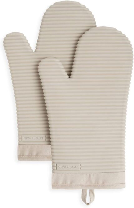 KitchenAid Ribbed Soft Silicone Oven Mitt Set, 7"x13", Milkshake 2 Count