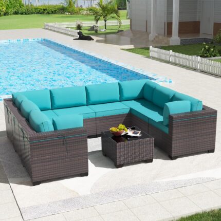 Kullavik 9PCS Outdoor Patio Furniture Set PE Wicker Rattan Sectional Sofa Patio Conversation Sets,Blue