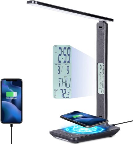 LED Desk Lamp with Wireless Charger, USB Charging Port, Desk Lamps for Home Office, Dimmable Office Lamp with Clock, Alarm, Date, Temperature, Foldable Study Lamp, Touch Dorm Lamp, Black