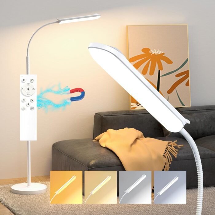 LED Floor Lamp, 18W Super Bright Floor Lamp for Living Room, Adjustable Stepless Colors & Brightness Gooseneck Standing Lamp, Eye Caring Reading Light with Remote& Touch Control for Bedroom Office