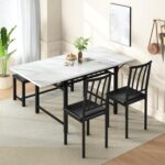 Lamerge 4-Piece Dining Table Set for 3-6 People, 63" Extendable Kitchen Table Set with 1 Bench and 2 Backrest Chairs, Faux Marble Table Square Dining Table Set with Drop Leaf for Small Space