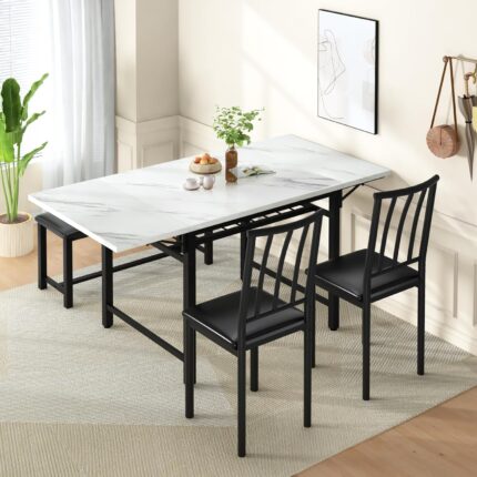 Lamerge 4-Piece Dining Table Set for 3-6 People, 63" Extendable Kitchen Table Set with 1 Bench and 2 Backrest Chairs, Faux Marble Table Square Dining Table Set with Drop Leaf for Small Space