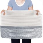 Large Basket for Blankets, Rectangle Living Room Throw Blanket Storage Kids Toy Bins Box, Wicker Laundry Baskets for Organizing, Woven Blanket Pillow Organizer Holder, 21.6x14.9x11.8, Grey