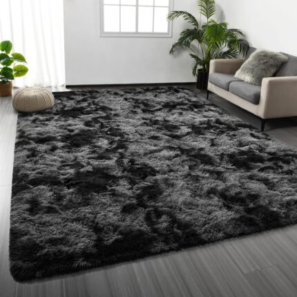 Large Shag Area Rugs 5 x 8, Tie-Dyed Plush Fuzzy Rugs for Living Room, Ultra Soft Fluffy Furry Rugs for Bedroom, Anti-Skid Indoor Carpet Nursery Rugs for Kids Room Home Decor, Dark Grey