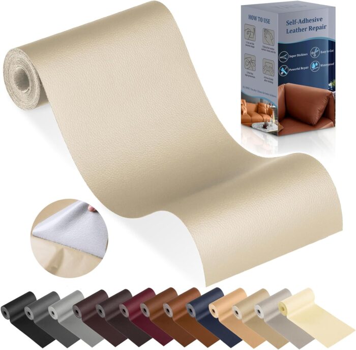 Leather Repair Patch for Furniture, 4" x 63" Self Adhesive Leather Repair Kit Vinyl Repair Tape for Car Seat Sofa Jackets Couches Chair Beige