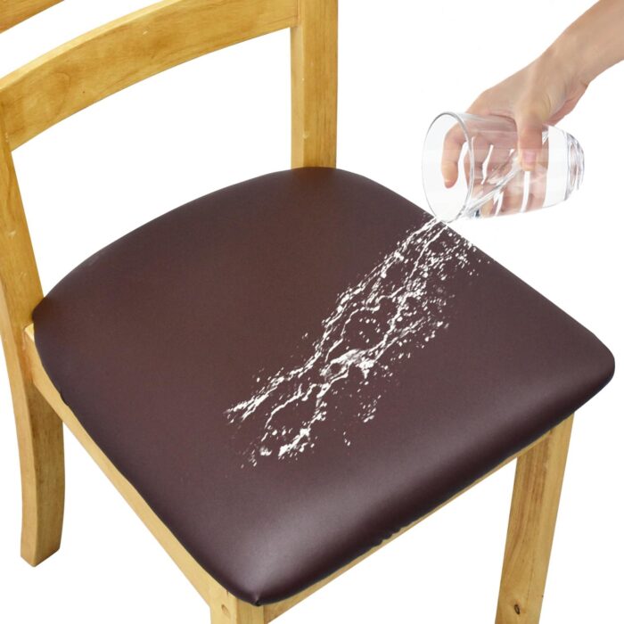 Leather Stretch Chair Seat Covers with Elastic Ties,Waterproof Dining Room PU Leather Chair Cover Seats,Removable Washable Chair Protector Seat Cushion Slipcovers for Home,Kitchen (Coffee, 2 PCS)