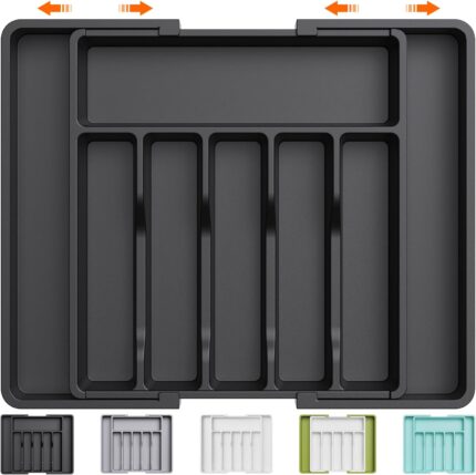 Lifewit Silverware Drawer Organizer, Expandable Utensil Tray for Kitchen, BPA Free Flatware and Cutlery Holder, Adjustable Plastic Storage for Spoons Forks Knives, Large, Black