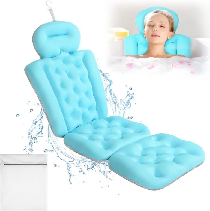 Luxury Full Body Bath Pillow for Bathtub, Bath Pillows for Tub with Mesh Laundry Bag & Non-Slip Suction Cups, Cushion for Bathtub Headrest Neck Back Support - 5D Air Mesh & Quick Drying | Blue