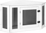 MAHANCRIS Corner Dog Crate Furniture, Wooden Dog Kennel End Table, Decorative Pet Crate Indoor Use, Furniture Style Dog House for Small Medium Dog, Dog Cage TV Stand, White and Black DCWT0801