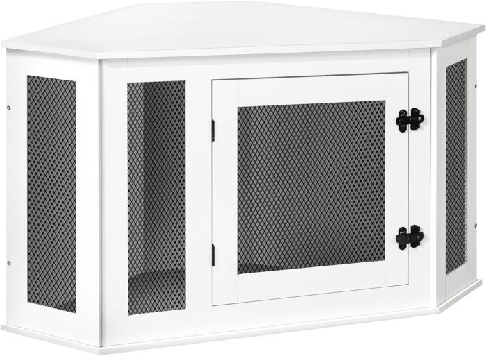 MAHANCRIS Corner Dog Crate Furniture, Wooden Dog Kennel End Table, Decorative Pet Crate Indoor Use, Furniture Style Dog House for Small Medium Dog, Dog Cage TV Stand, White and Black DCWT0801