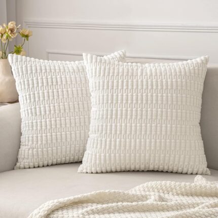 MIULEE Pack of 2 Corduroy Decorative Throw Pillow Covers 18x18 Inch Soft Boho Striped Pillow Covers Modern Farmhouse Home Decor for Sofa Living Room Couch Bed Pure White