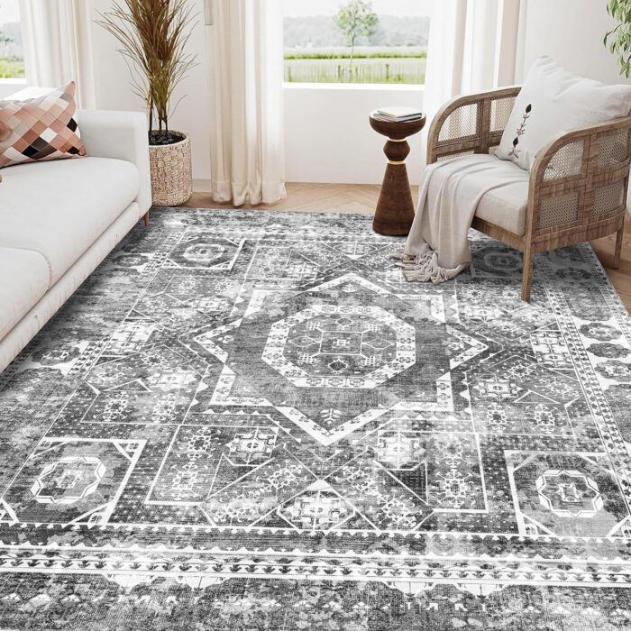 Machine Washable Rug 5' x 7' Vintage Design Area Rugs with Non Slip Rugs for Living Room Bedroom Carpet Stain Resistant, Home Decor Office Boho Rug, Grey