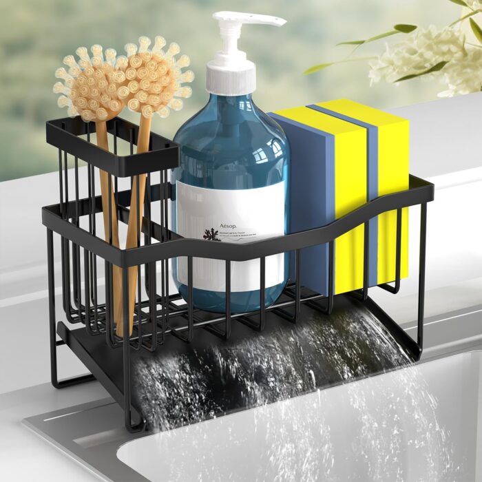 Maifan Sink Caddy Sponge Holder for Kitchen Sink with Brush Holder and Stainless Steel Self Drain Tray, Rustproof Kitchen Sink Organizer for Sponge, Soap Dispenser Storage Kitchen Accessories