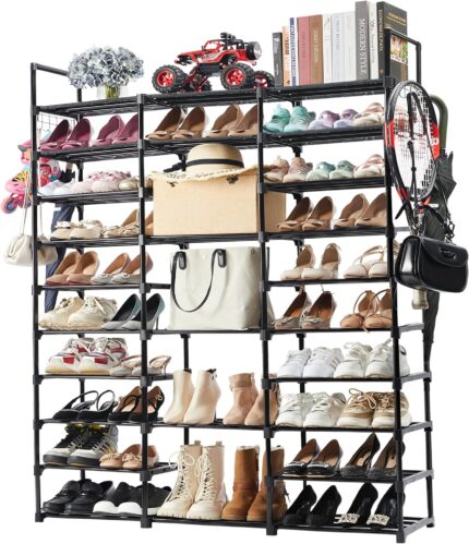 Mavivegue 10 Tiers Shoe Rack Tall Shoe Organizer Shoe Storage 55-65 Pairs Vertical Shoe Shelf Large Shoe Rack Organizer Stackable Shoe Racks for Entryway, Closet, Garage, Bedroom,Cloakroom -Black