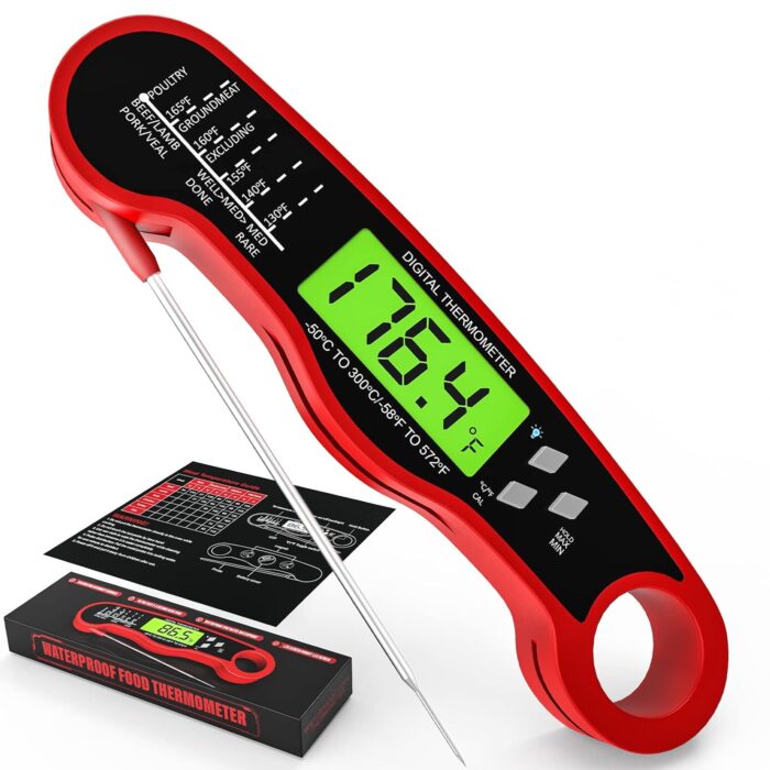 Meat Thermometer Digital - Fast Instant Read Food Thermometer for Cooking, Candy Making, Outside Grill, Waterproof Kitchen Thermometer with Backlight & Hold Function - Red