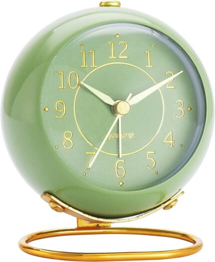 Metal Desk Clock, Retro Bedroom Table Vintage Analog Alarm Clock, Silent Non-Ticking Gold Clock, Bedside Décor(Olive-Green)