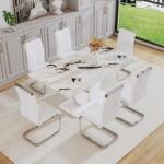 Modern Dining Table Set for 6,Rectangula Kitchen Table Set with Faux Marble Tabletop＆6 Pu Leather Upholstered Chairs Ideal for Dining Room, Kitchen