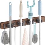 Mop Broom Holder Wall Mount Wood Broom Mop Hanger - Wall Mounted Garden Tool Rack Organizer for Closet Garage Laundry Room Kitchen Decor With 4 Slots & 4 Hooks