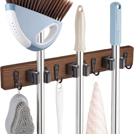 Mop Broom Holder Wall Mount with 3 Slots & 4 Hooks - Rustic Wood Broom Mop Hanger for Pantry Kitchen Organization - Garden Tool Organizer for Closet Laundry Room - Farmhouse Kitchen Decor